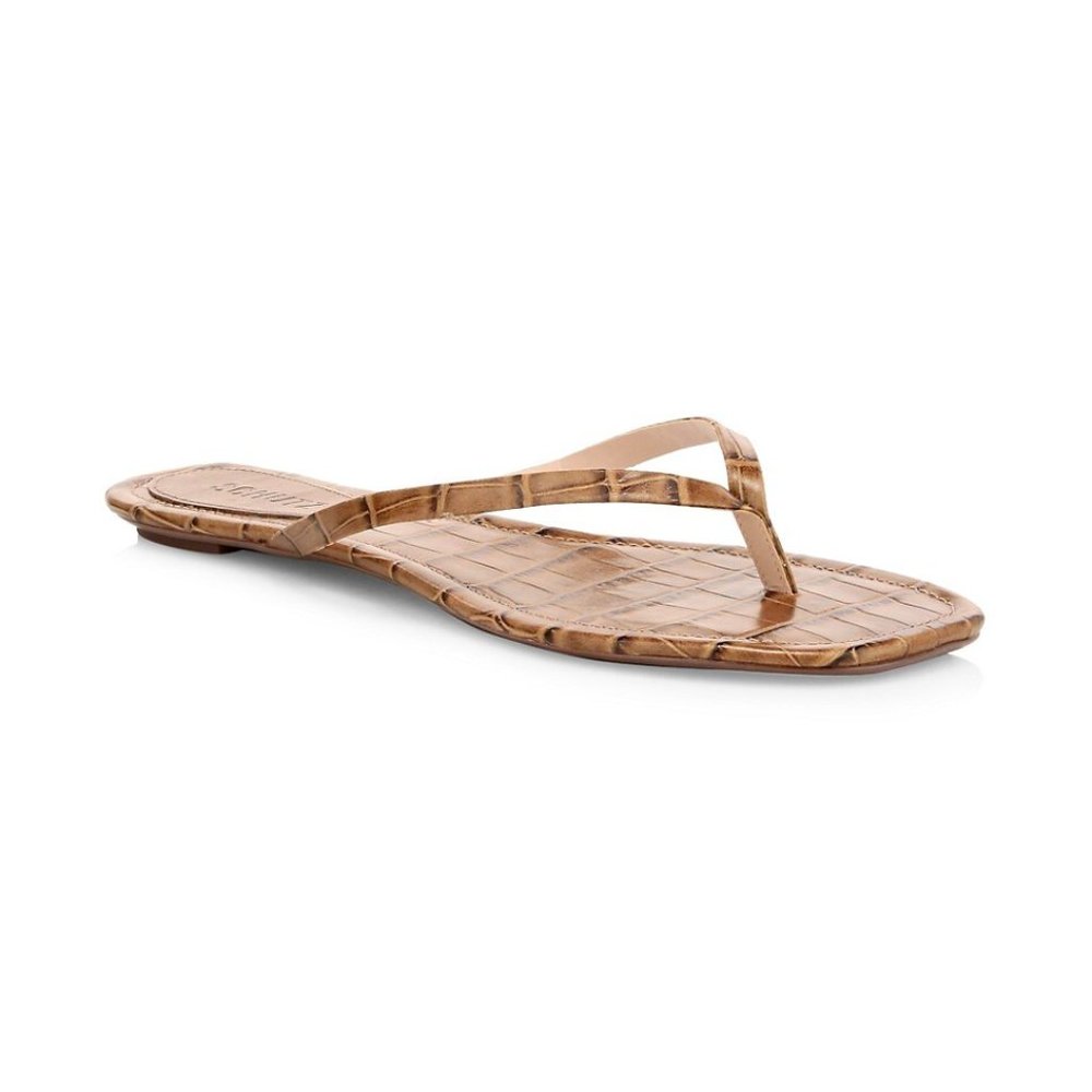Schutz | Tesla Crocodile-Embossed Leather Thong Sandals | Color: Bear | 10M